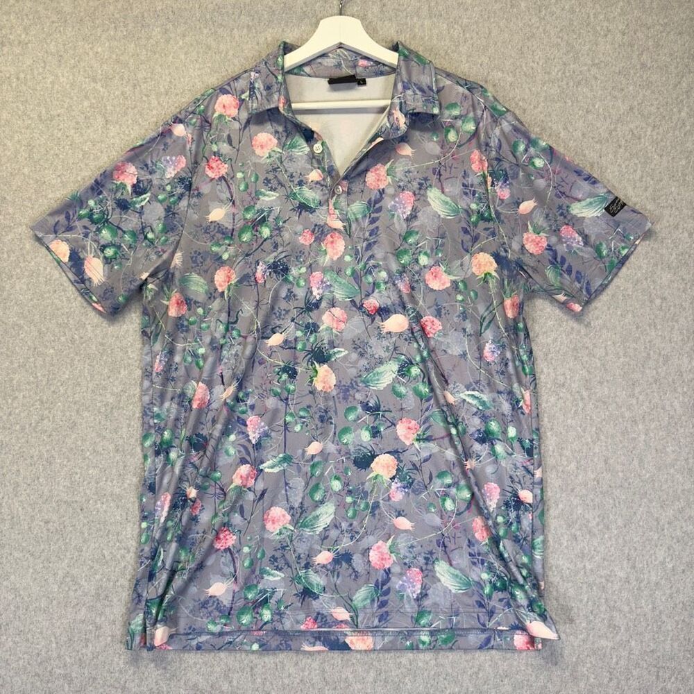 Sunday Swagger Men’s Size Large Purple Pink Polo Floral Performance Golf Shirt